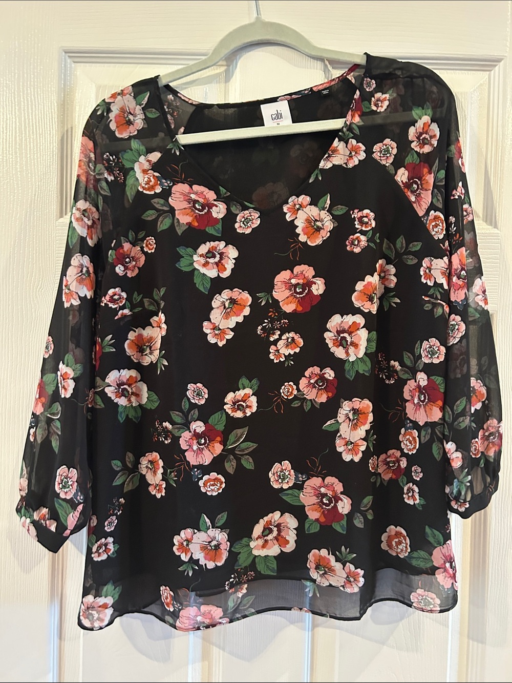 CAbi Black Floral Sheer V-Neck Blouse with Pink and Green Accents